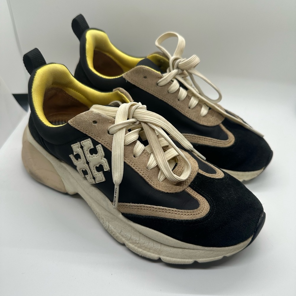 Tory Burch Good Luck Leather Trainer Sneakers Black and Cream Size 7